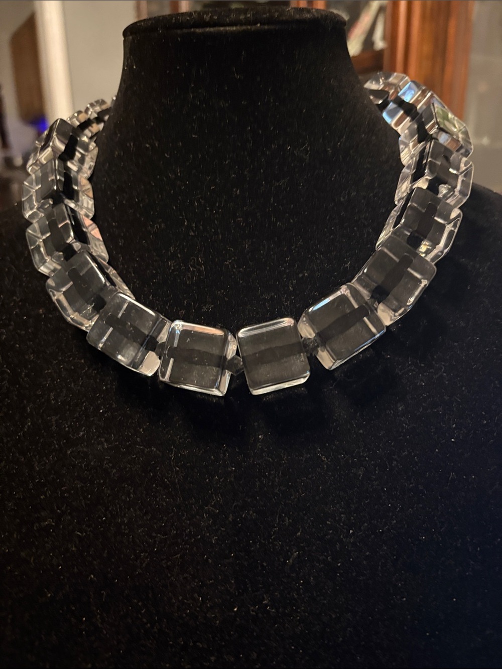 Clear Lucite Square Bead Statement Necklace Black Line within Square Beads Italy